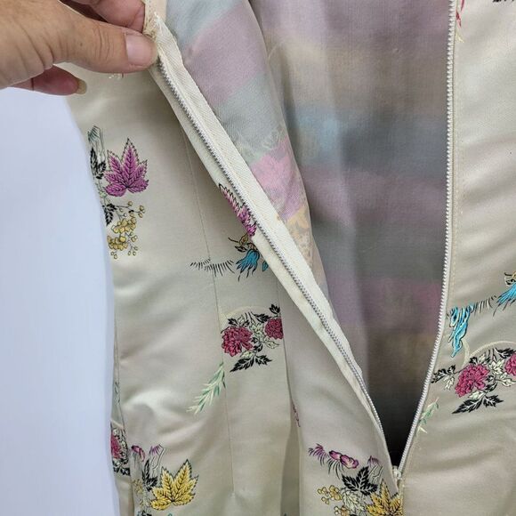 Vtg 60's Womens Dress 2pc Set Asian Satin Sheath‎ Bolero Jacket Gold Floral Sz M - Picture 5 of 17